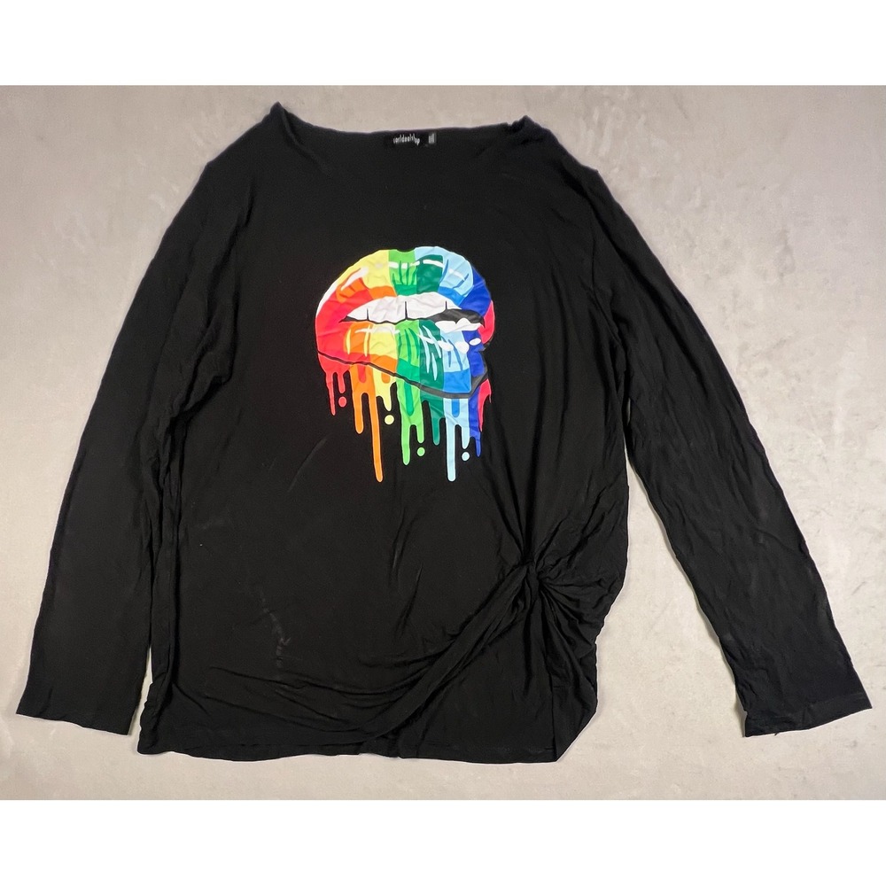 Worldealshop‎ Womens 3XL Black Rainbow Dripping Lips Graphic Side Knot Top LS